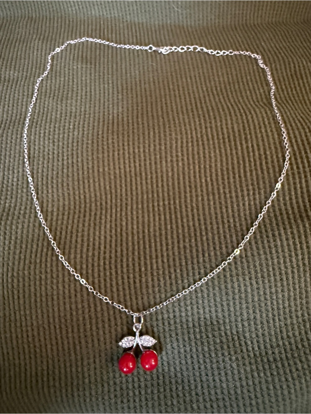 Silver Chain Necklace with Red Cherry Pendant
